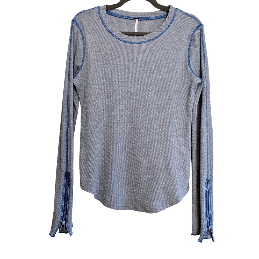 Free‎ People Womens Grey Waffle Knit Thermal Top Blue Contrast Stitch Zip Cuff L